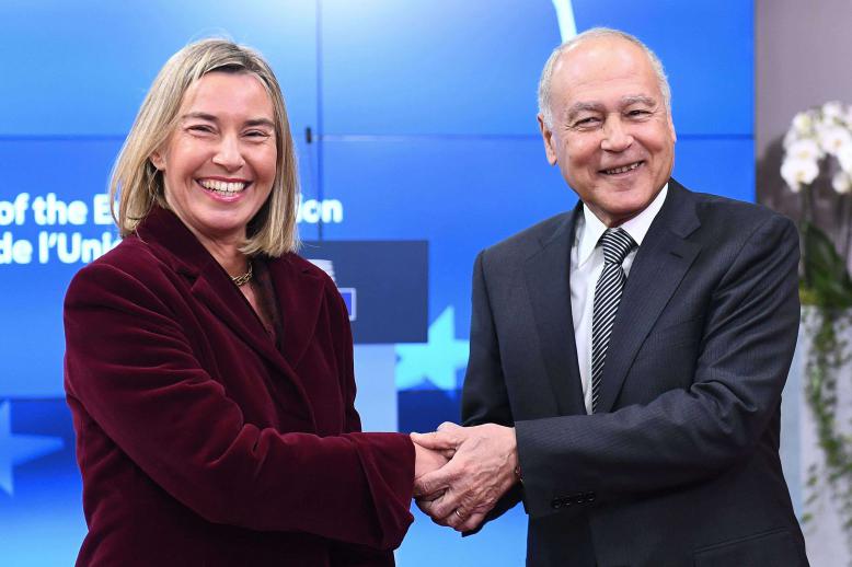  EU foreign policy chief Federica Mogherini (L) welcomes Arab League Secretary-General Ahmed Abul Gheit Ahmed Abul Gheit during a Foreign Affairs council at the European Council in Brussels, on February 26, 2018