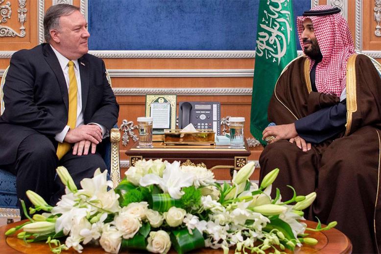 Saudi Crown Prince Mohammed bin Salman bin Abdulaziz Al Saud (R) meets with US Secretary of State Mike Pompeo at Al Yamamah Palace