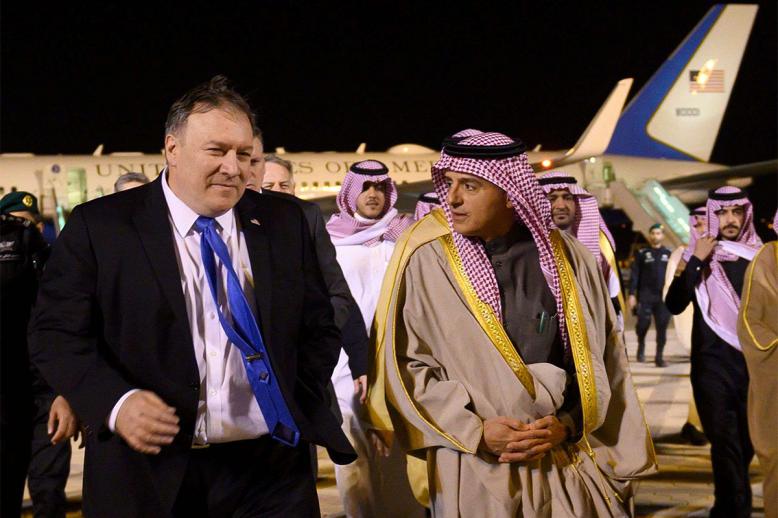 Pompeo is greeted by Saudi's Minister of State for Foreign Affairs Adel al-Jubeir in Riyadh 
