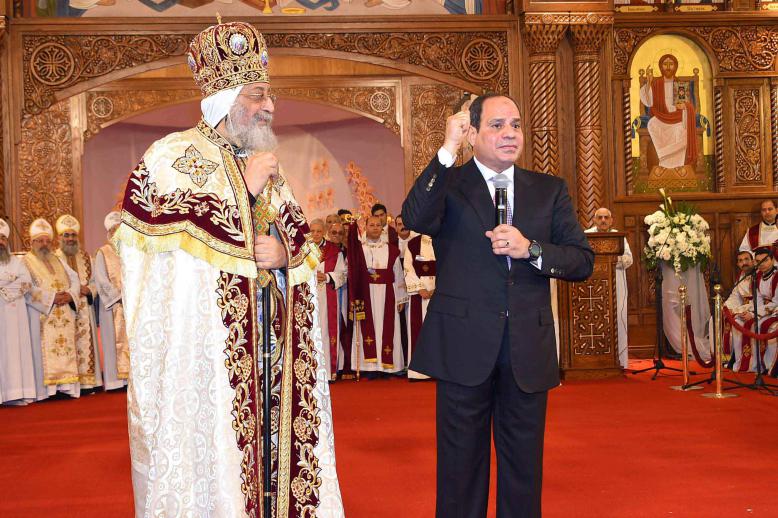 Egyptian Coptic Pope Tawadros II (L) Pope of Alexandria and Patriarch of Saint Marc Episcopate receives Egyptian President Abdel Fattah al-Sisi in January 2018