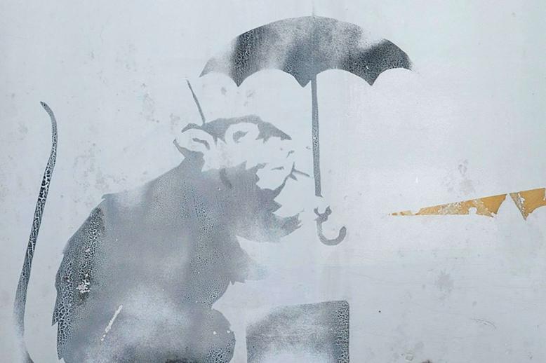 رسمة بانكسي تمثل فأرا يحمل مظلة