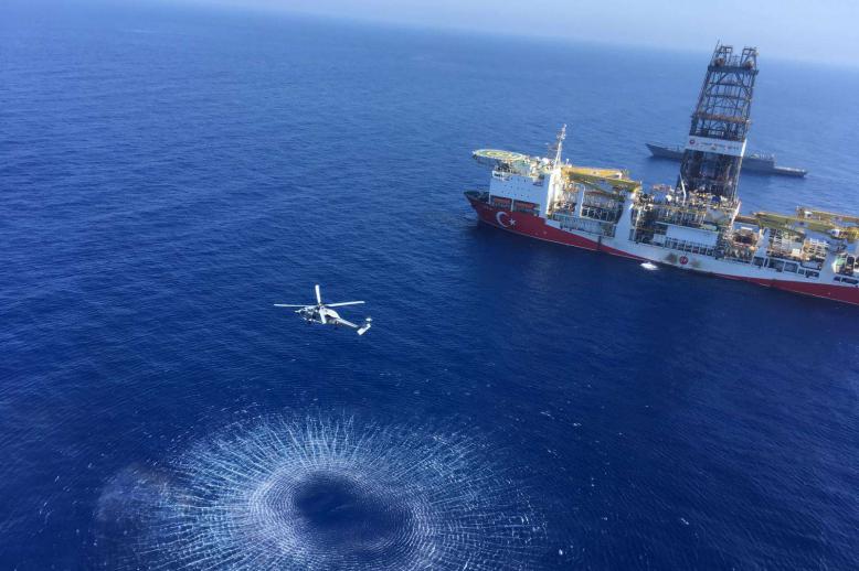 A Turkish Navy warship patrolling next to Turkey’s drilling ship Fatih in the eastern Mediterranean near Cyprus
