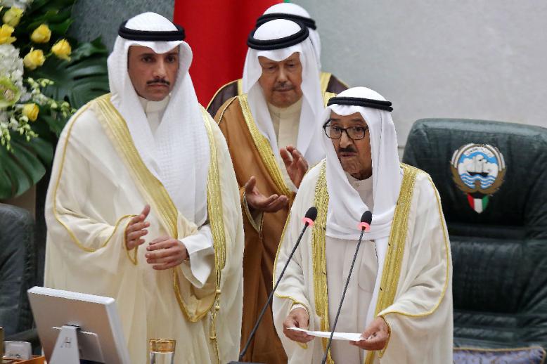 Kuwait's Emir Sheikh Sabah al-Ahmad Al-Sabah (C) addresses the Gulf emirate's parliament