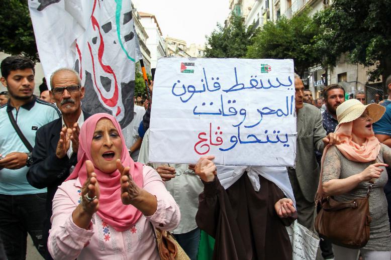 Algerian demonstrators hold a placard that reads in Arabic "down with the hydrocarbons law" in Algiers