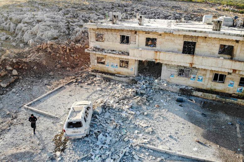 An aerial view of a hospital that was reportedly hit by an air strike in the Syrian village of Shinan