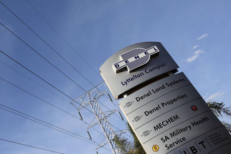A Denel company logo is seen at the entrance of their business divisions in Pretoria, South Africa