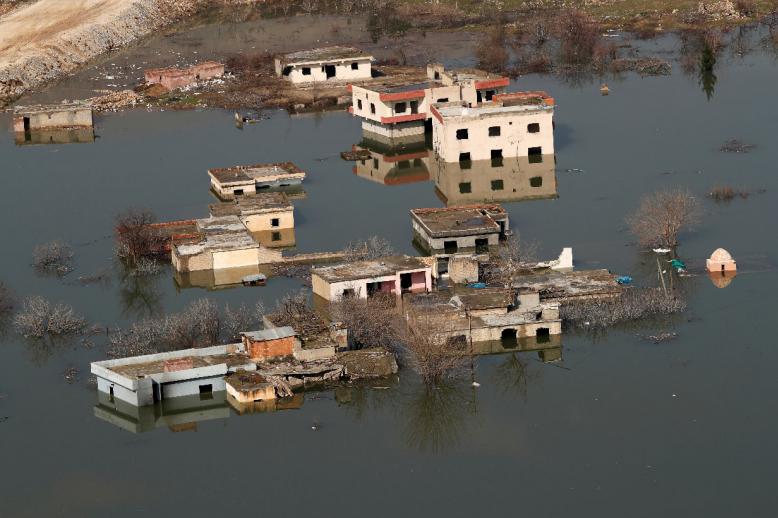 Houses submerged by the rising waters of the Tigris River are seen in Hasankeyf