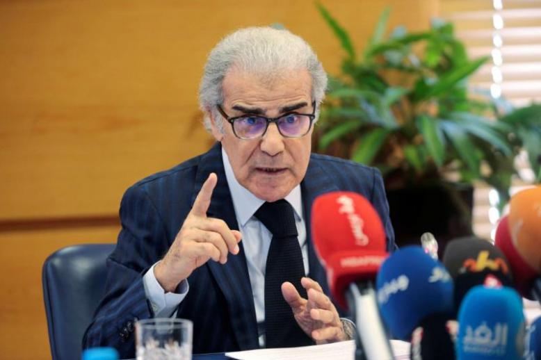 A 2019 file picture shows Bank Al-Maghrib Governor Abdellatif Jouahri speaking during a news conference in Rabat