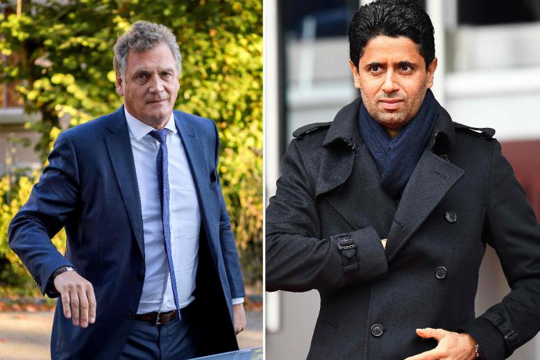 (L) French former FIFA Secretary General Jerome Valcke and (R) Paris Saint-Germain's Qatari president Nasser Al-Khelaifi 