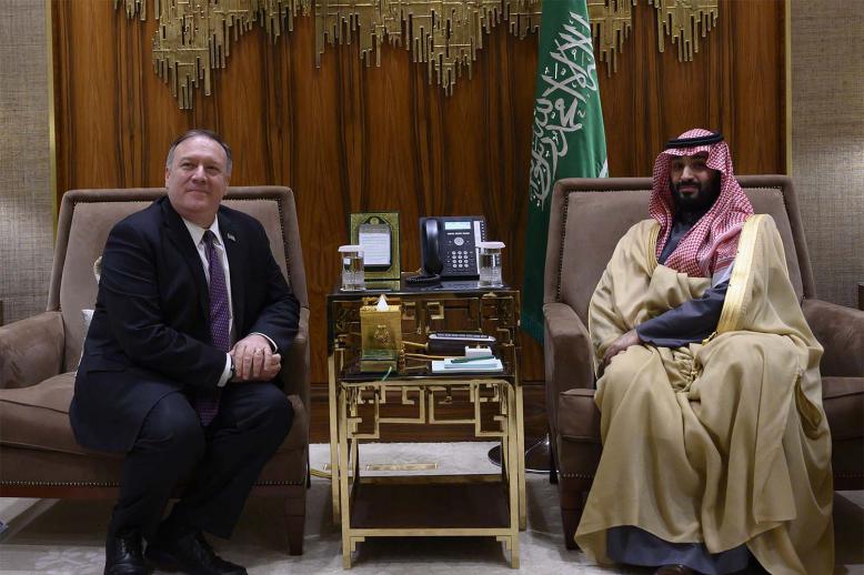 US Secretary of State Mike Pompeo meets with Saudi Arabia's Crown Prince Mohammed bin Salman at Irqah Palace, in Riyadh, February 2020