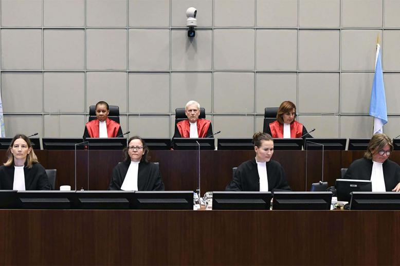 Judge Janet Nosworthy, Presiding Judge David Re and Judge Micheline Braidy attend a session of the UN-backed Special Tribunal for Lebanon 