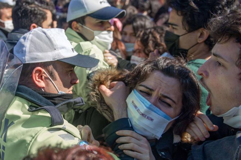 Turkish police block women demonstrating against Turkey's decision to withdraw from the Istanbul Convention at Kadikoy in Istanbul