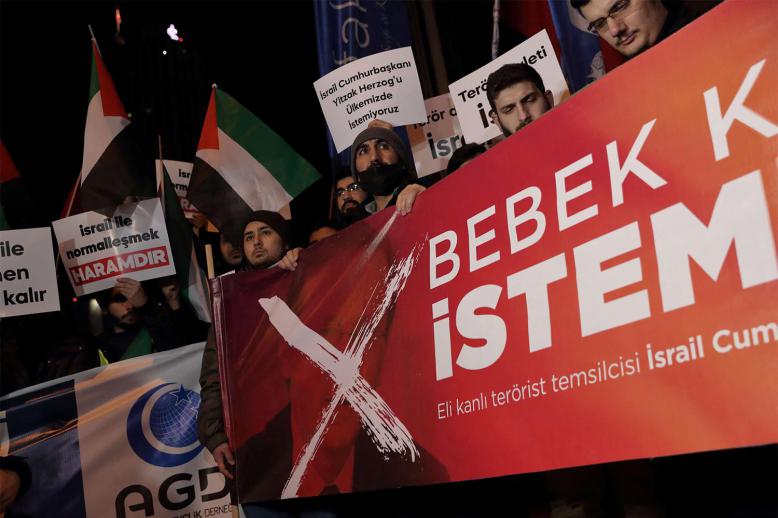 Turkish demonstrators held a protest in Istanbul against Herzog’s prospective visit 