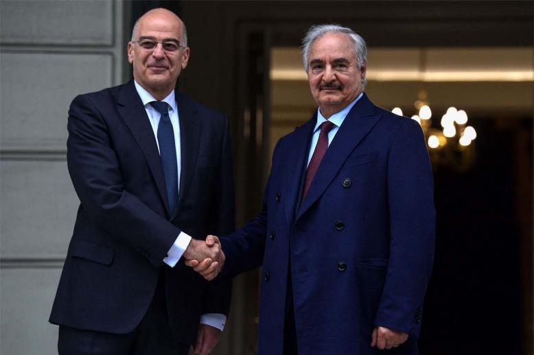 Greek Foreign Minister Nikos Dendias welcomed Libyan strongman Khalifa Haftar before talks in Athens in January 2020