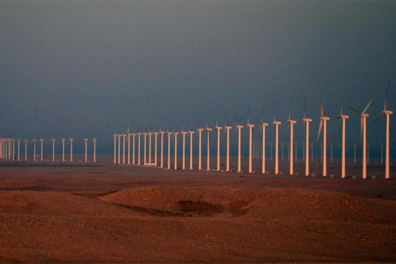 Wind turbines on the Zafarana Wind Farm at the desert road of Suez outside of Cairo