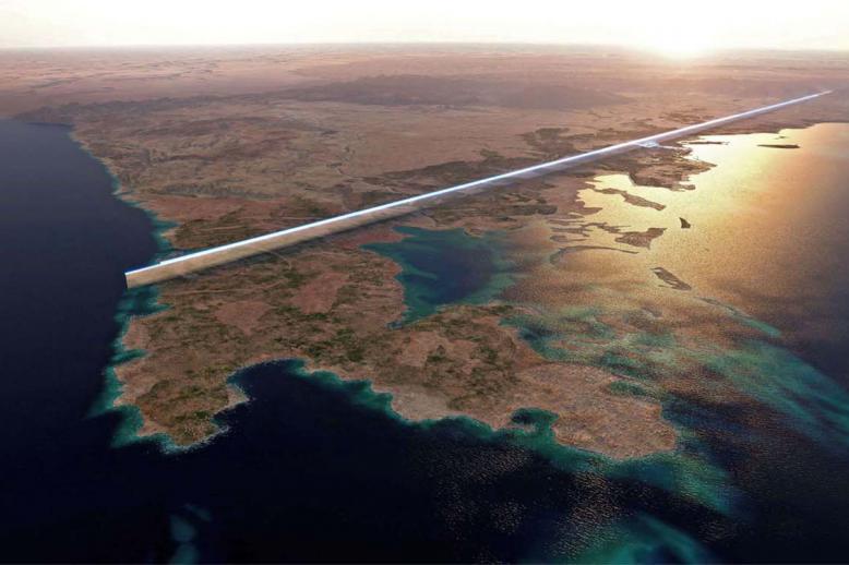 The design plan for the 500-metre tall parallel structures, known collectively as The Line, in the heart of the projected Red Sea megacity NEOM