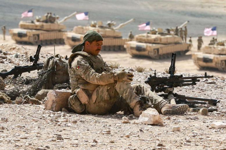 A US soldier takes part in the Eager Lion multinational military manoeuvre in Jordan September 2022