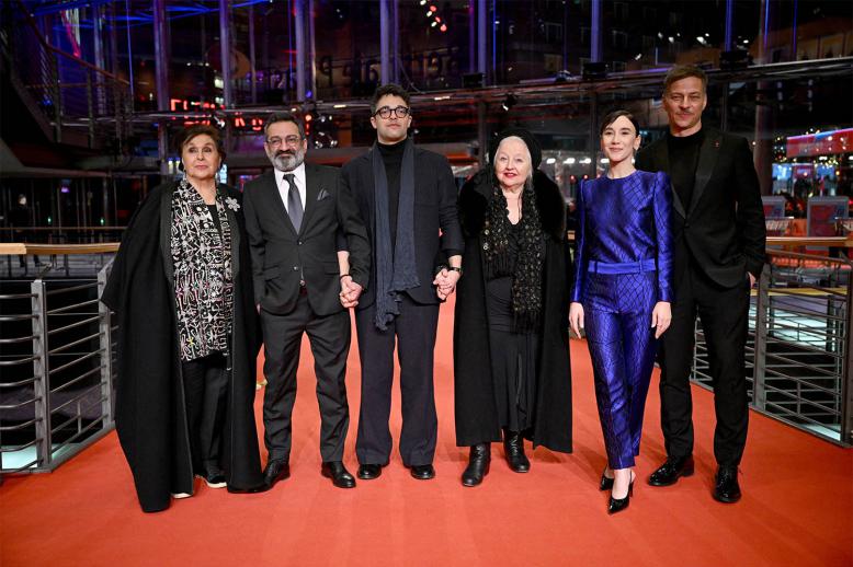 Cast member Georges Khabbaz, Hanna Schygulla, Sibel Kekilli, Tom Wlaschiha and Nidal Al Achkar and director Ameer Fakher Eldin attend the screening of the film Yunan at the 75th Berlinale International Film Festival in Berlin