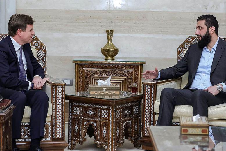 Sharaa receiving Stephen Hickey, the director of the Middle East and North Africa department at Britains Foreign, Commonwealth, and Development Office in Damascus last December