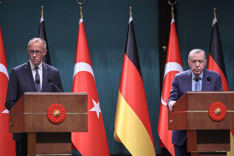 Erdogan at a joint news conference with German Chancellor Friedrich Merz in Ankara 