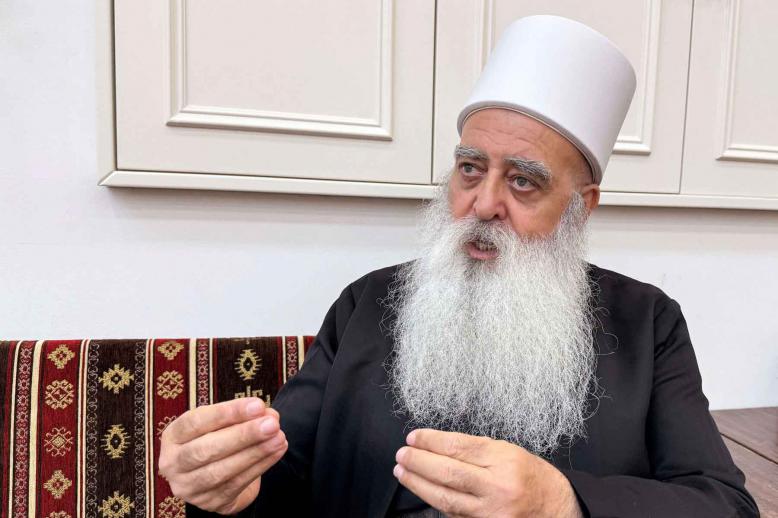 Leader of the Druze community in Israel, Sheikh Mowafaq Tarif, speaks at his house in Julis, northern Israel July 28, 2025. 