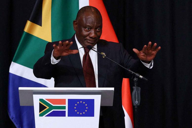 South Africa’s President Cyril Ramaphosa gestures before a news conference in Johannesburg, South Africa, November 20, 2025. 
