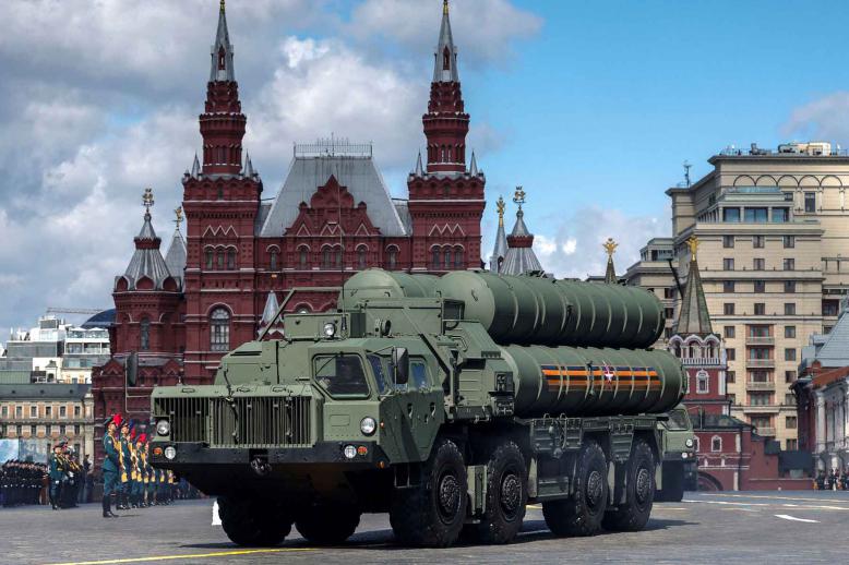 A Russian S-400 air defence system unit drives along Red Square in central Moscow, May 5, 2024. 