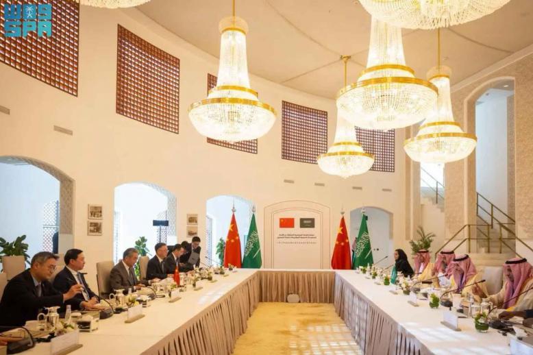 Chinese delegation led by Foreign Minister Wang Yi meets Saudi Foreign Minister Prince Faisal bin Farhan in Riyadh, December 14, 2025.