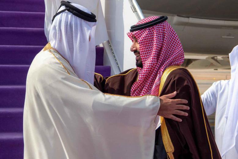 Saudi Crown Prince Mohammed bin Salman greets visiting Qatar’s Emir Sheikh Tamim bin Hamad Al Thani in Riyadh, December 08, 2025. 