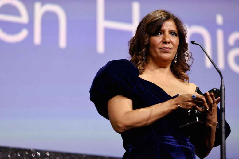 Kaouther Ben Hania receives looks on during the closing ceremony of the 82nd Venice International Film Festival, in Venice, Italy, September 6, 2025. 