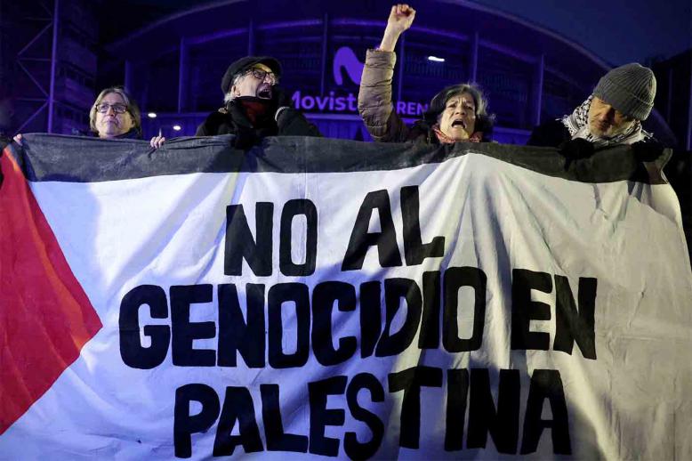 Pro-Palestinian protest ahead of Real Madrid v Maccabi Tel Aviv basketball match - Madrid, Spain - January 8, 2026 