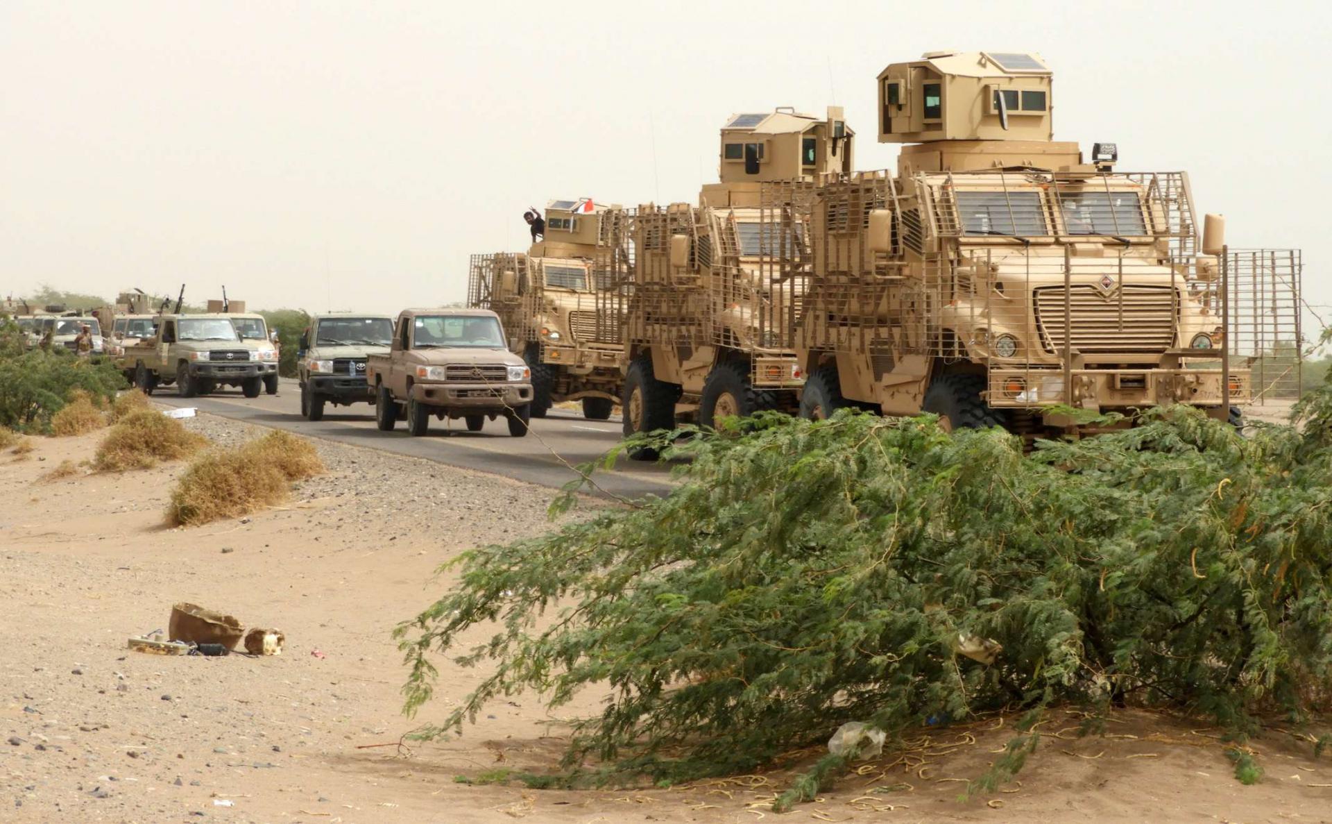 A column of Yemeni pro-government forces and armoured vehicles near city of Hodeidah.
