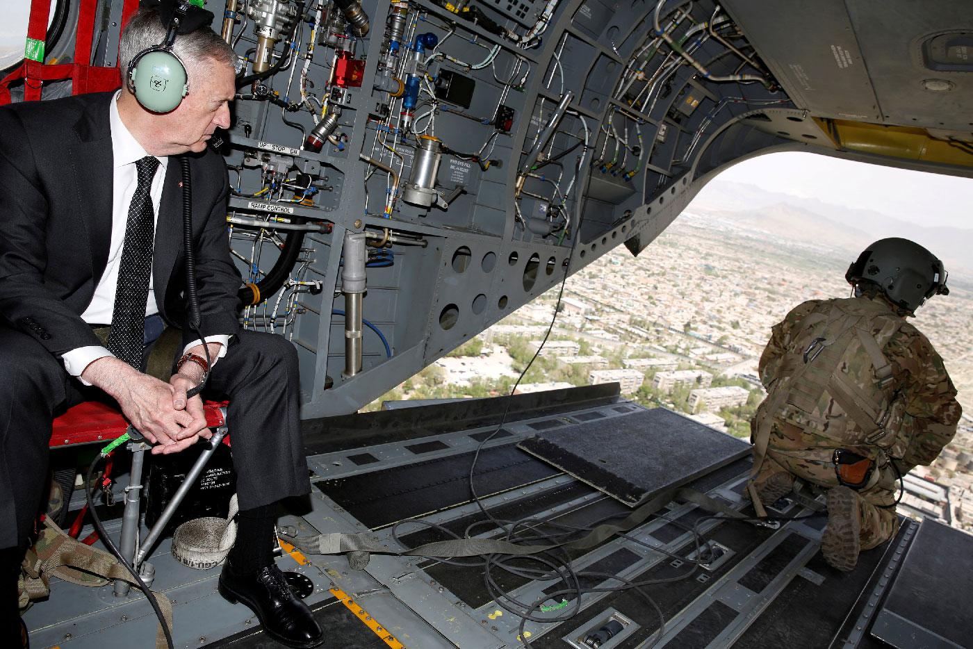 US Defense Secretary James Mattis looks out over Kabul as he arrives via helicopter at Resolute Support headquarters in Kabul, Afghanistan April 24, 2017. 