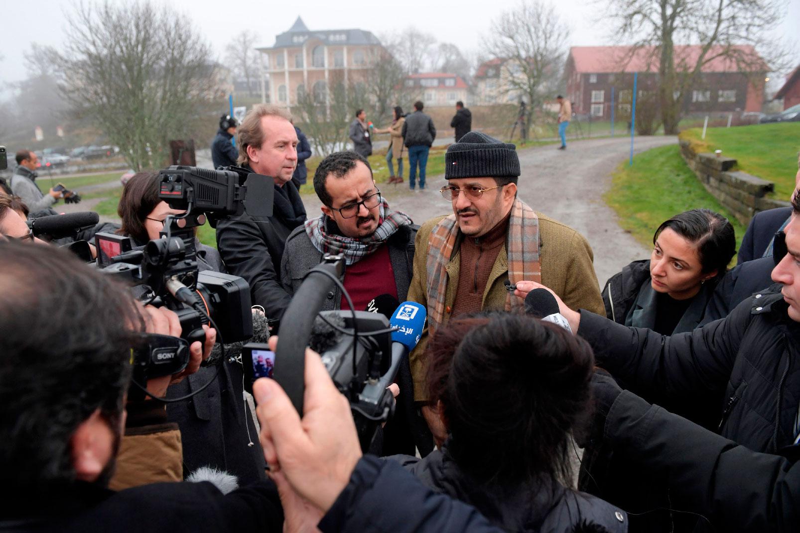 Yemen's Minister of Agriculture and Irrigation answers journalists' questions during the peace talks on Yemen held at Johannesberg Castle, in Rimbo.