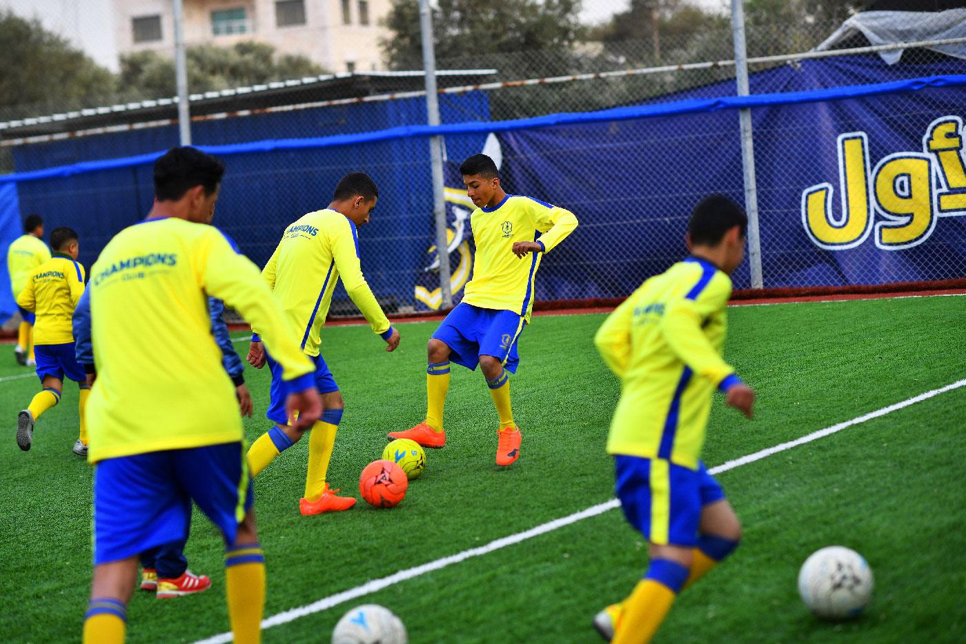 Moatasem Al-Nabeeh, 14, who is diagnosed with cancer, plays soccer with fellow cancer patients in Gaza City, February 15, 2019. Picture taken February 15, 2019.