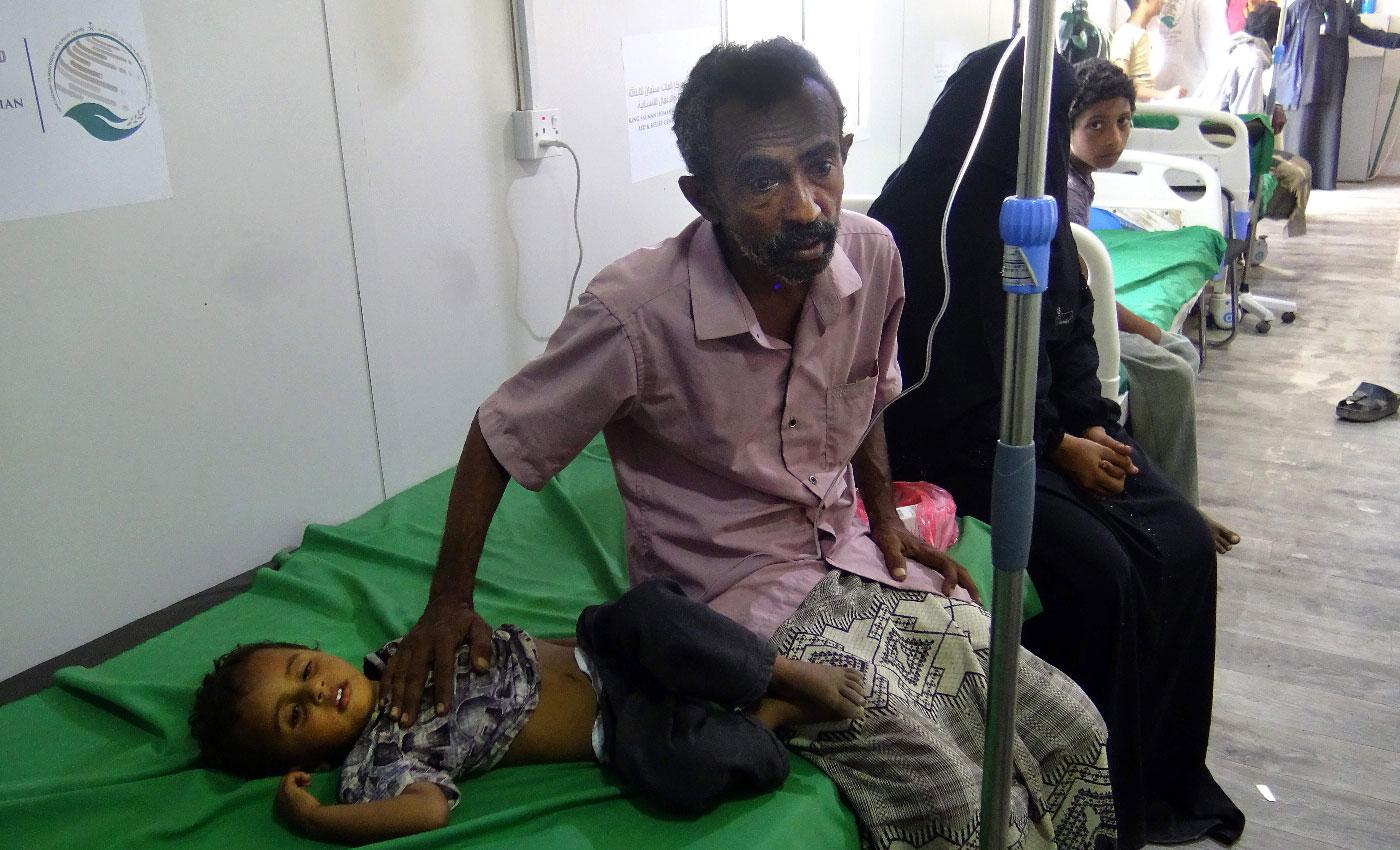 A Yemeni child receives treatment for cholera at a hospital in the Khokha district of the western province of Hodeidah