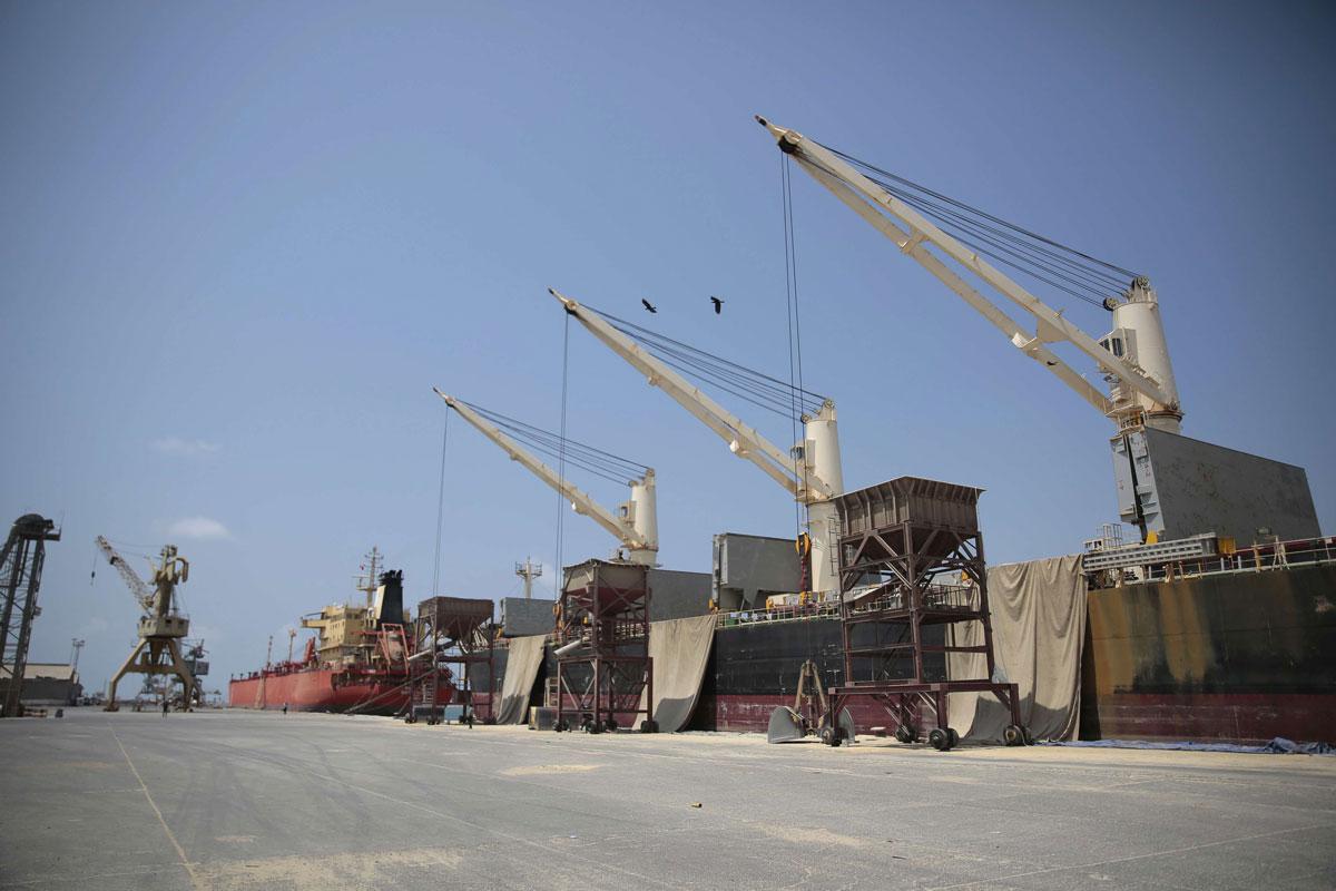 Idle cargo and oil tanker ships pictured at the port of Hodeidah, Yemen