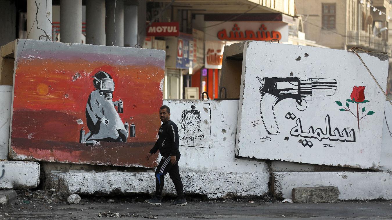 View of a concrete barricade along Rasheed street in the Iraqi capital Baghdad