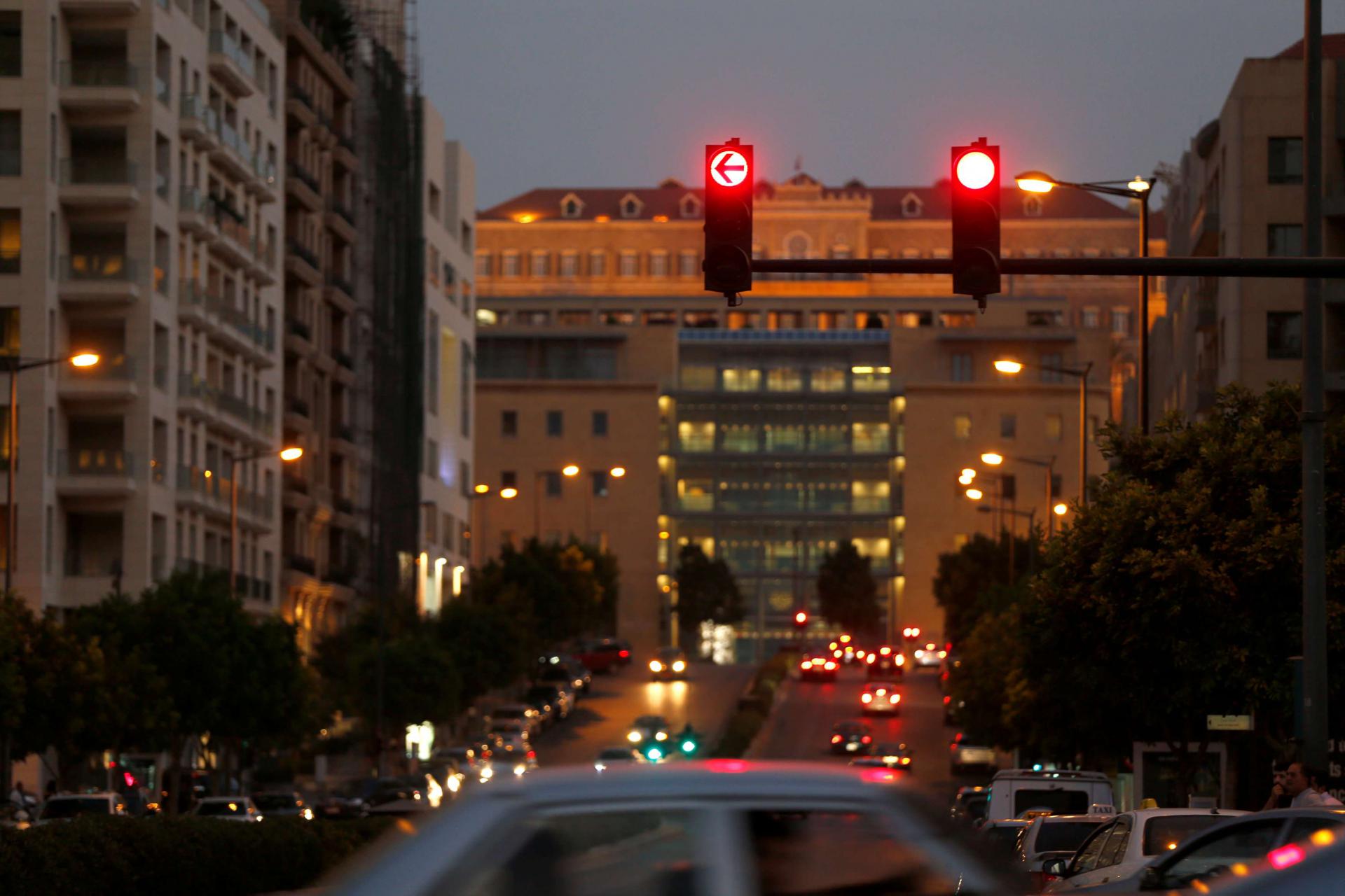 A traffic signal displays a red light in Beirut, Lebanon