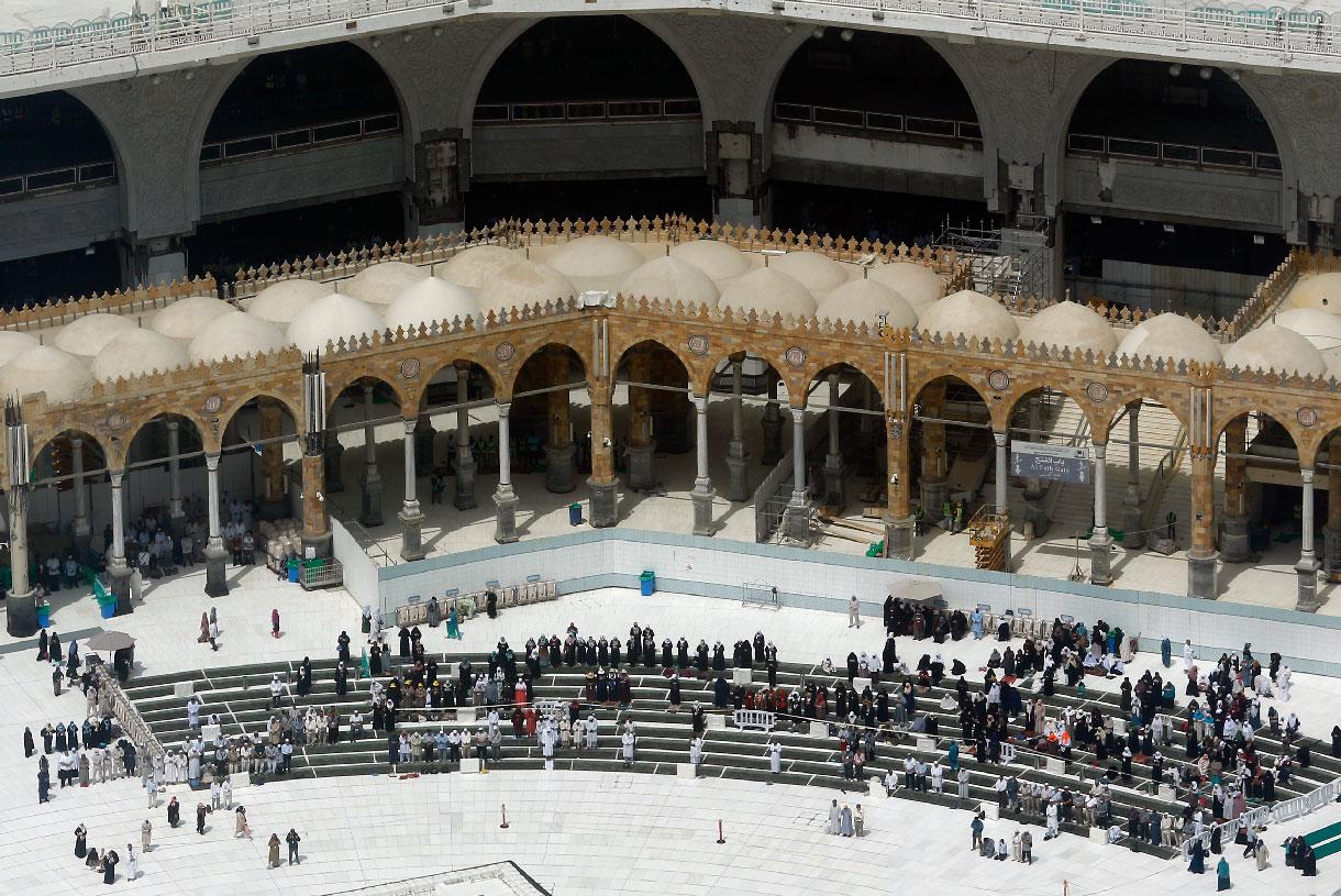 A relatively few number of Muslims pray at the Grand Mosque in Mecca, Saudi Arabia