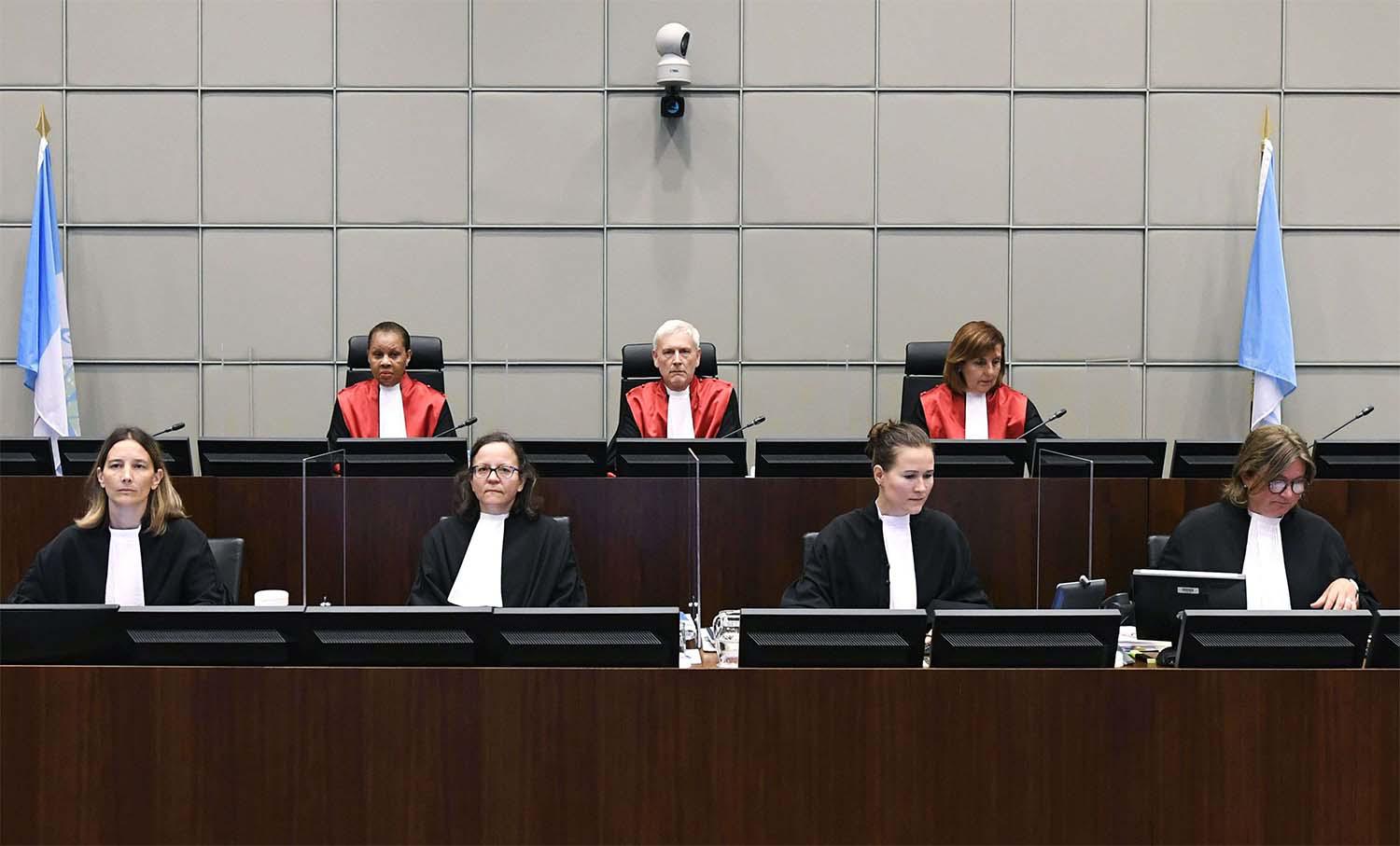 Judge Janet Nosworthy, Presiding Judge David Re and Judge Micheline Braidy attend a session of the UN-backed Special Tribunal for Lebanon 