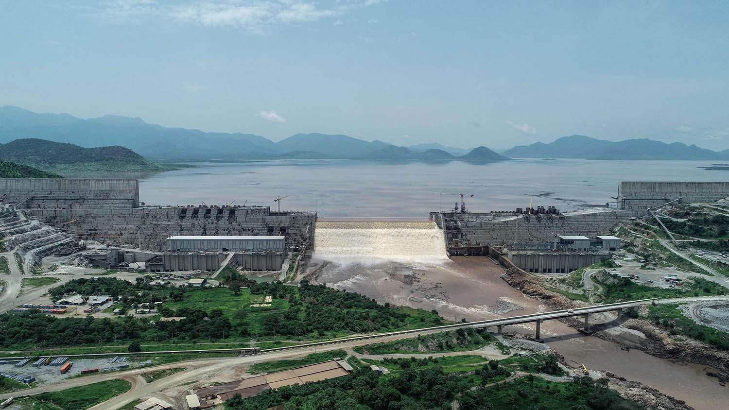 An aerial view Grand Ethiopian Renaissance Dam on the Blue Nile River 