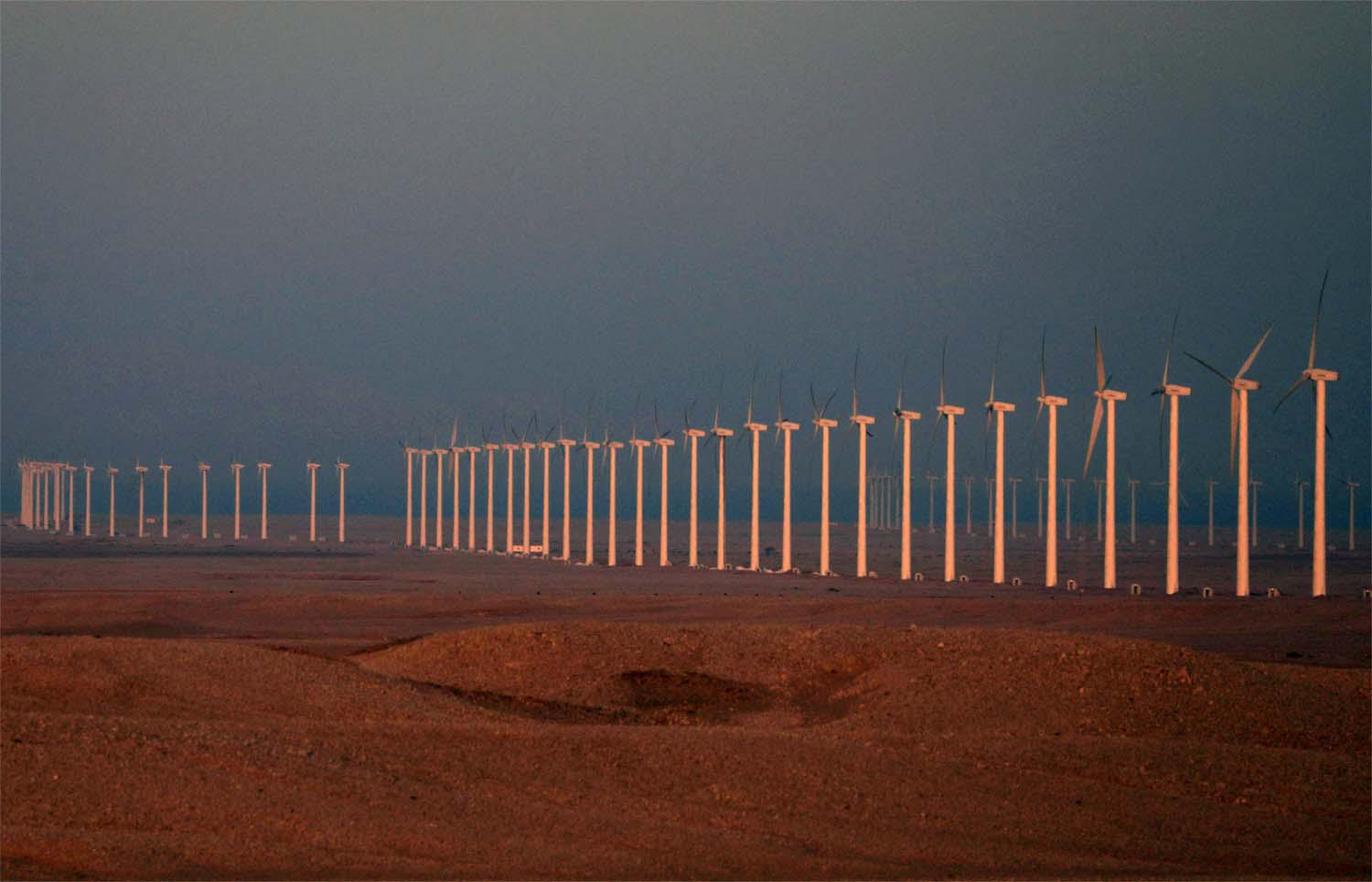 Wind turbines on the Zafarana Wind Farm at the desert road of Suez outside of Cairo