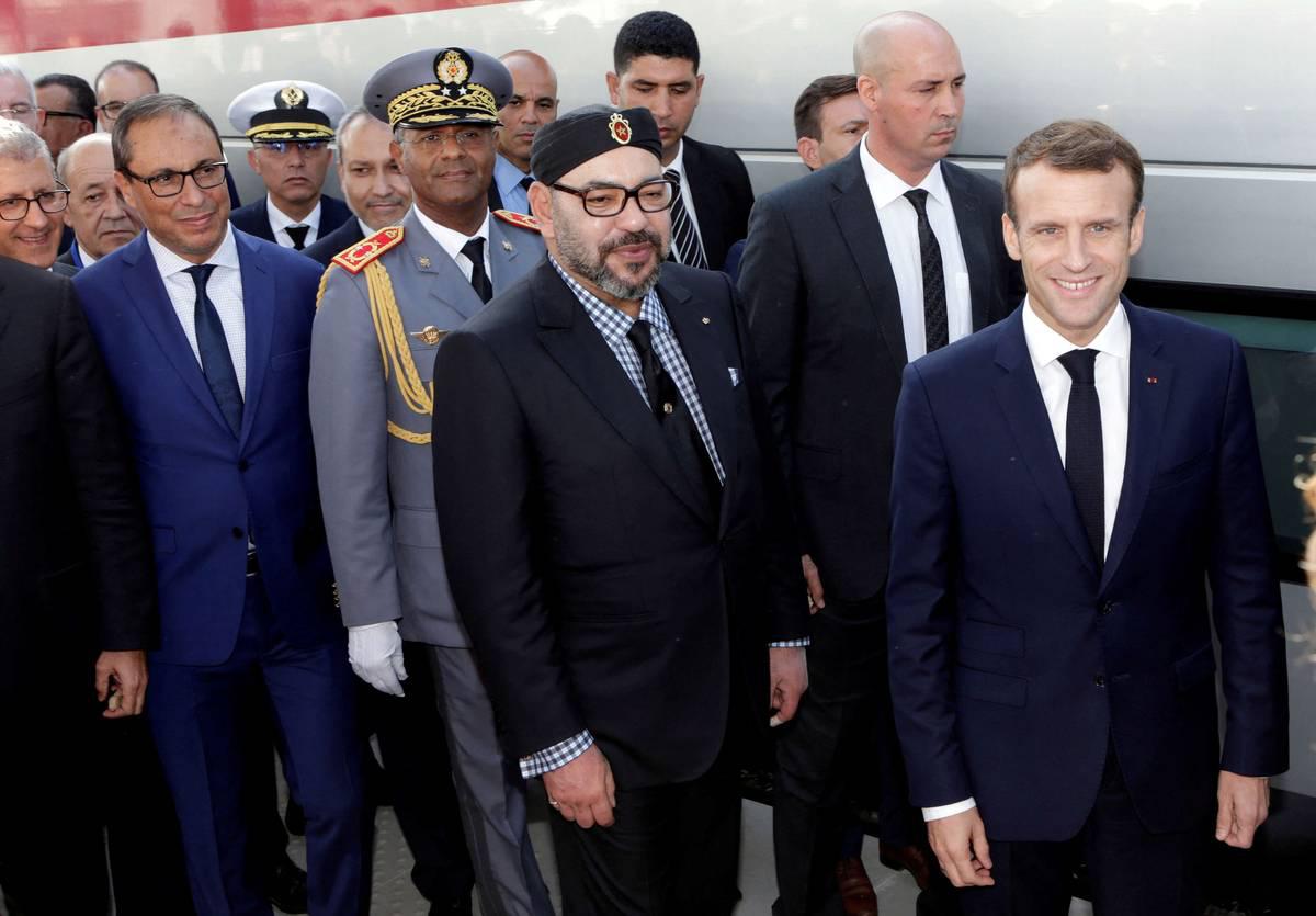 العاهل المغربي محمد السادس والرئيس الفرنسي ايمانويل ماكرون في تدشين خط القطار السريع في طنجة (2018)