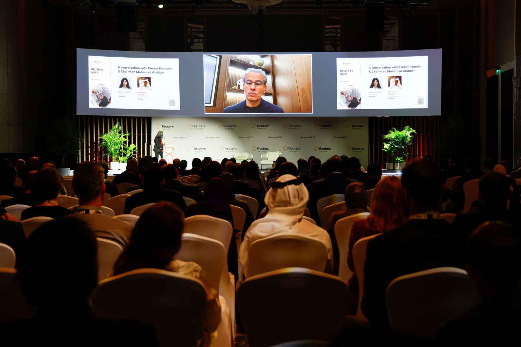Emaar Founder and Chairman Mohamed Alabbar appears on-screen at the Reuters NEXT Gulf Summit, in Abu Dhabi, October 22, 2025. 