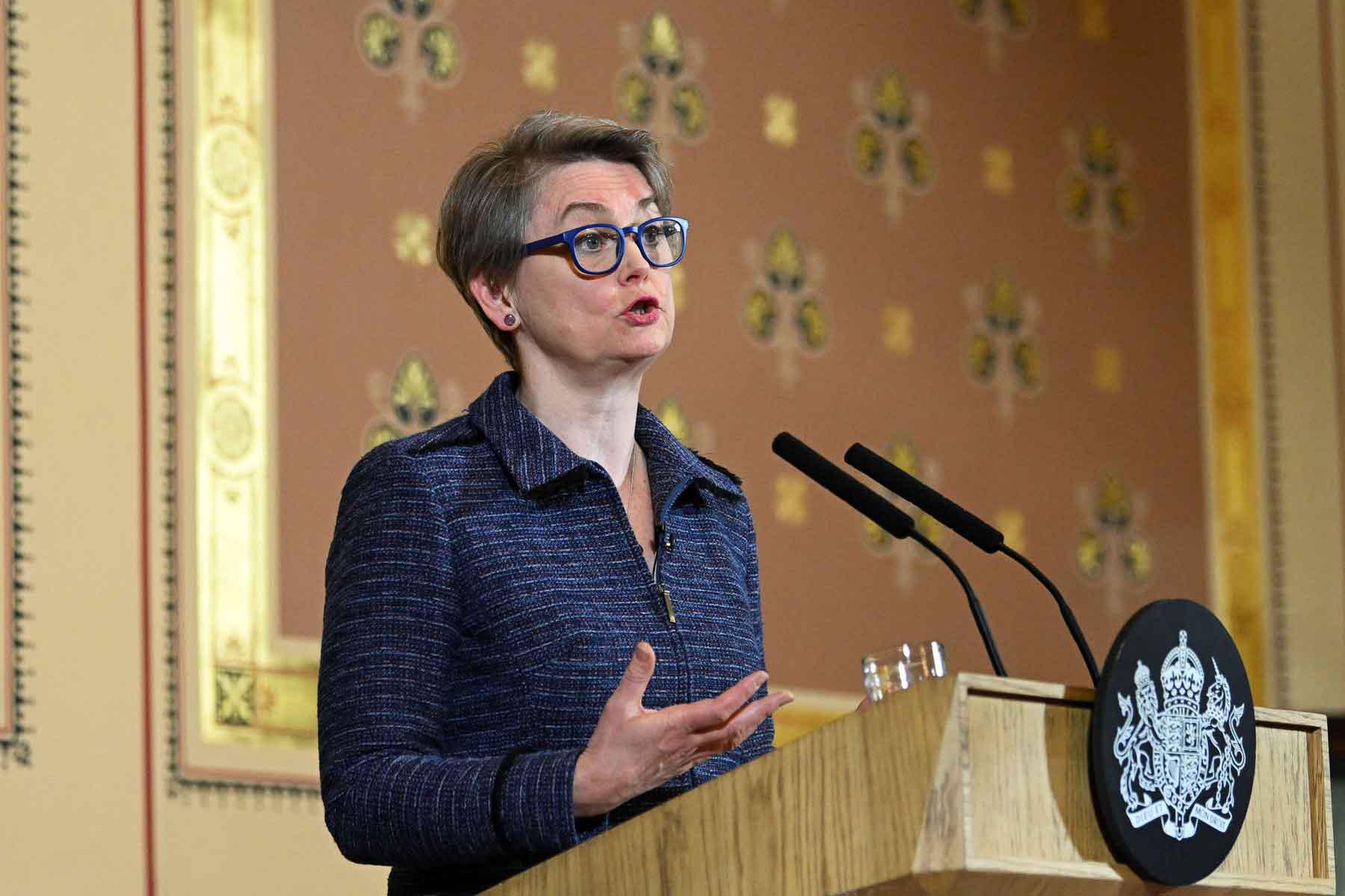 British Foreign Secretary Yvette Cooper speaks at an event in London, December 9, 2025. 
