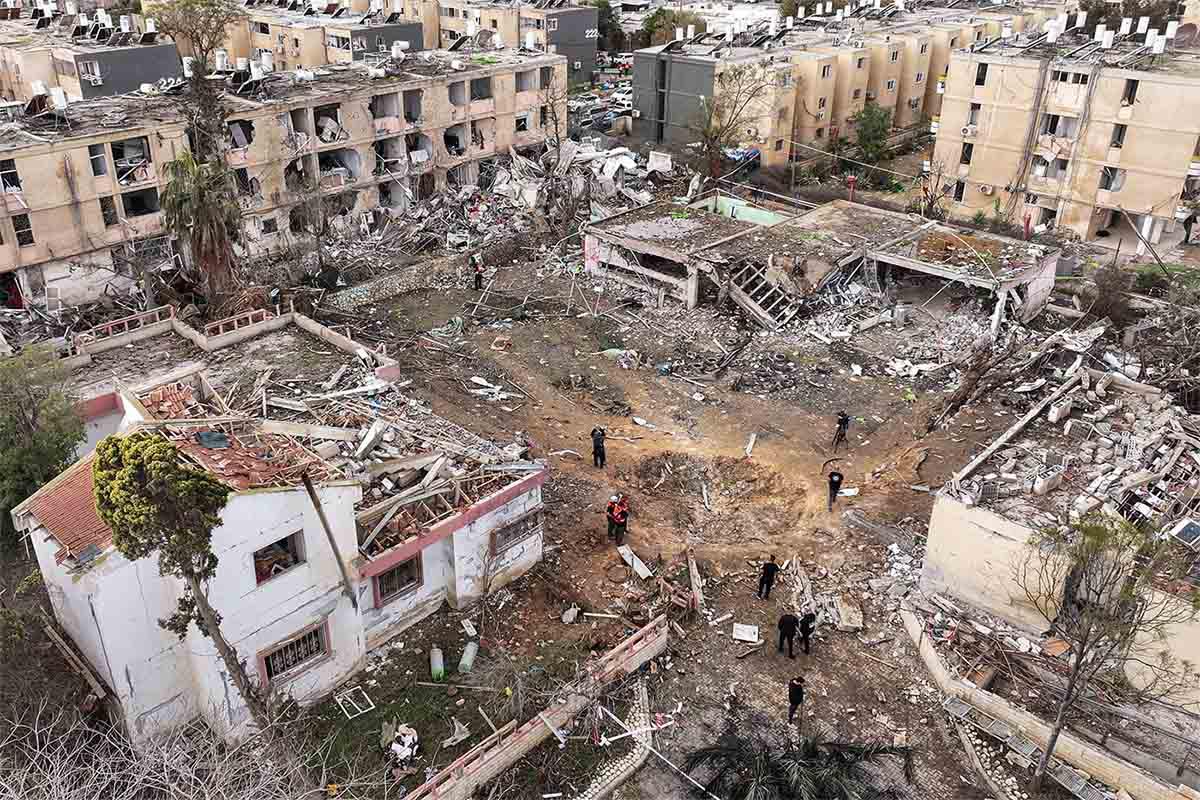 A drone view shows a damage in a residential neighbourhood in Dimona, following a night of Iranian missile strikes which injured dozens of Israelis