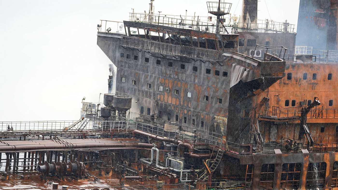 A foreign tanker carrying Iraqi fuel oil damaged after catching fire in Iraq's territorial waters